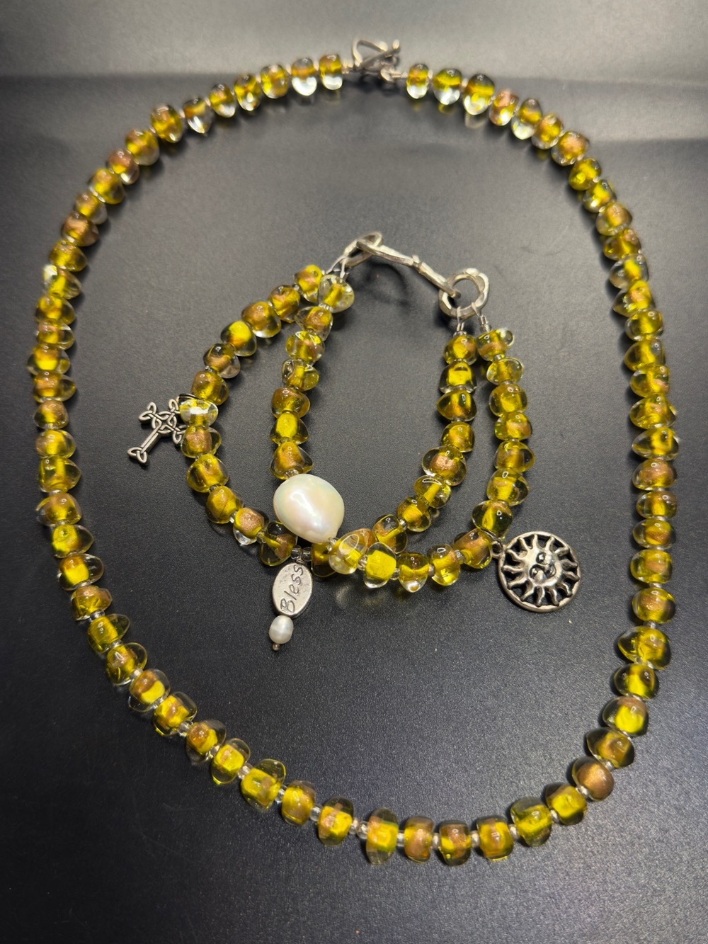 UNIQUE ARTISAN STERLING SILVER 925 GLASS BEADED &CHARMS NECKLACE BRACELET SET